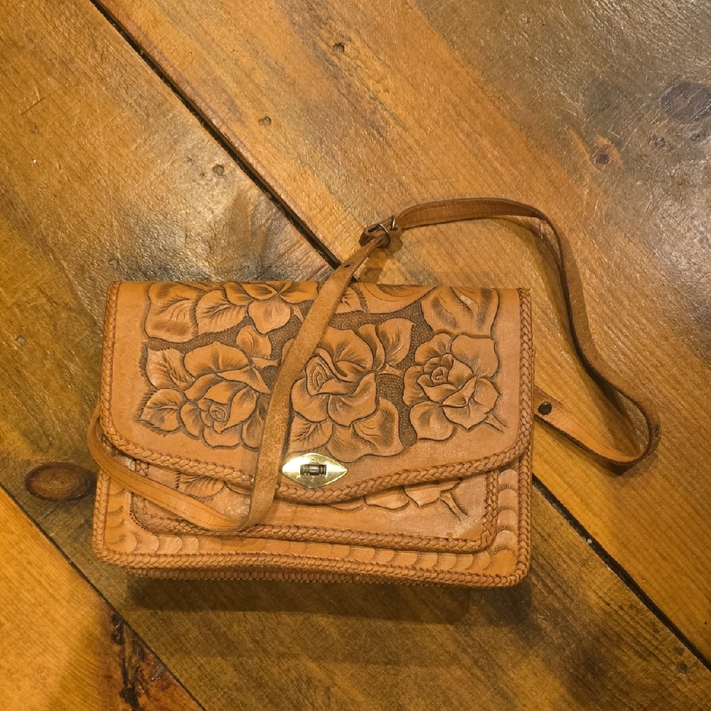 Elegant Tan Floral Leather Bag